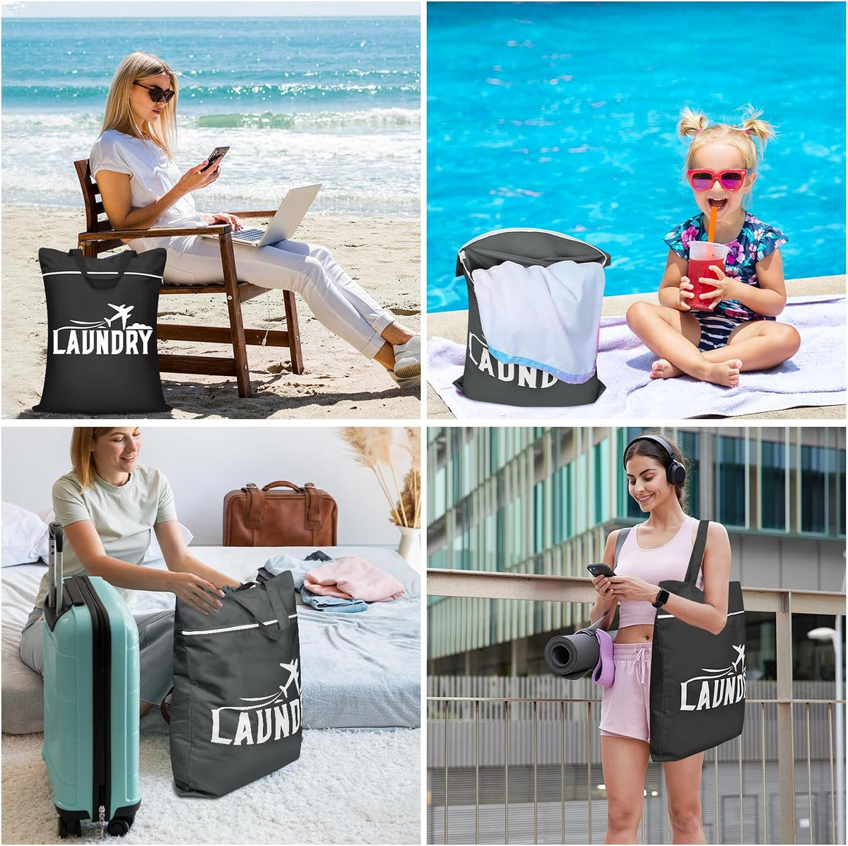 2 Pcs Large Travel Laundry Bags - Washable Waterproof Wet Dry Bags for Dirty Clothes, Swimsuits, Gym Clothes, Laundry, Swimming Pool, Yoga, College Dorm (Black+Grey)