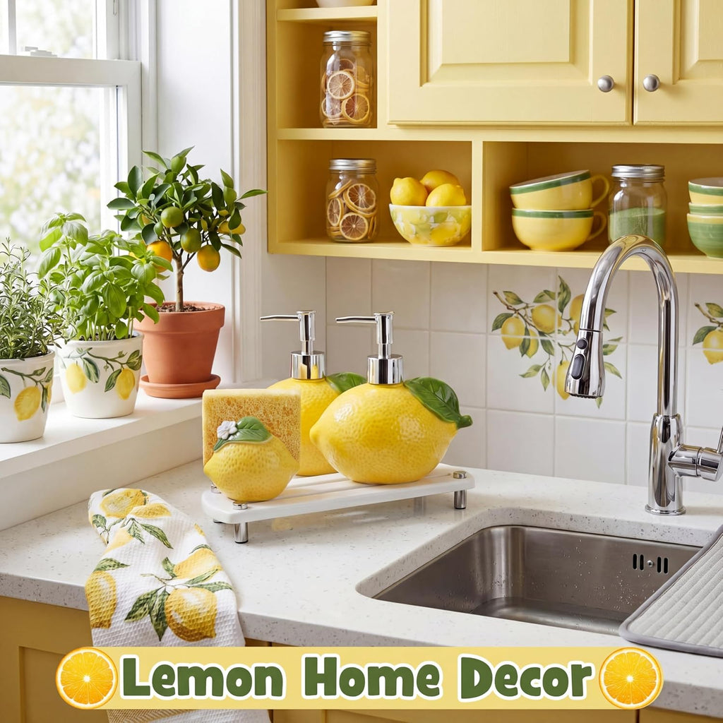 4 Pcs Lemon Kitchen Decor Ceramic Soap Dispenser Set