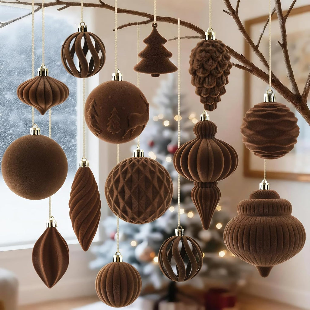18Pcs Velvet Christmas Tree Ornaments Set, Brown Flocked Hanging Christmas Balls Ornaments, Shatterproof Decorative Hanging Balls Vintage Decorations Assortment for Xmas Tree Holiday Home Party Decor