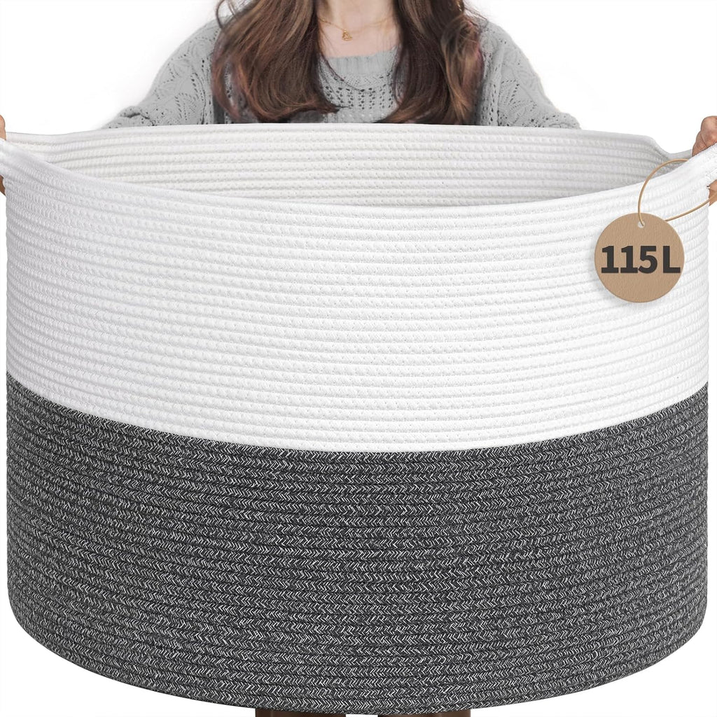 INDRESSME 115L Extra Large Woven Rope Blanket Basket Living Room