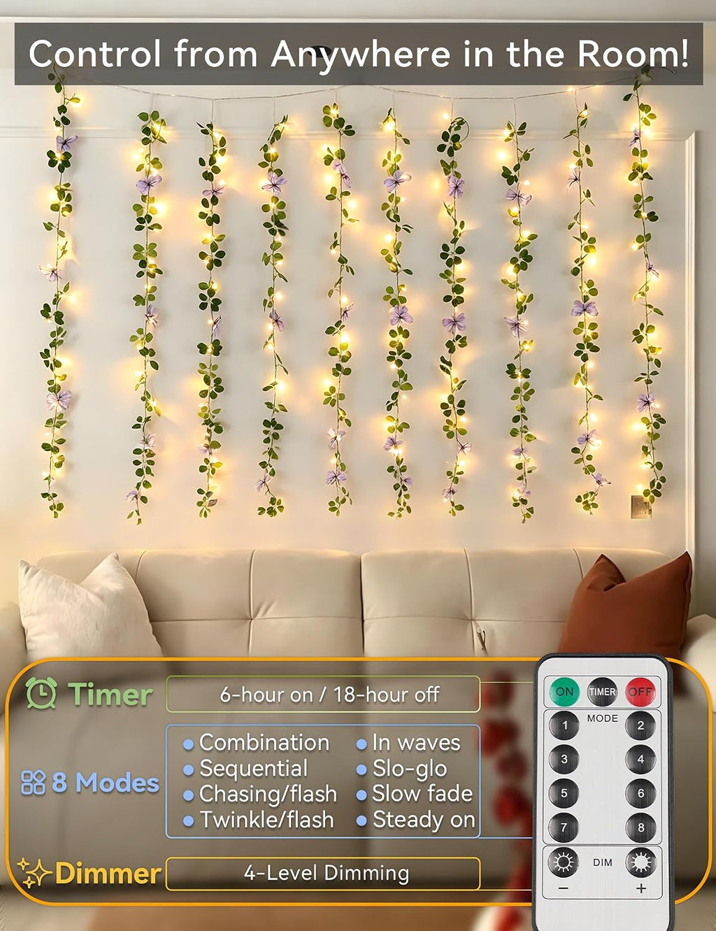 suddus Vine with Lights, Vine Lights with Butterfly for Wall,Bedroom, Dorm, Wedding, Party, Indoor Decor