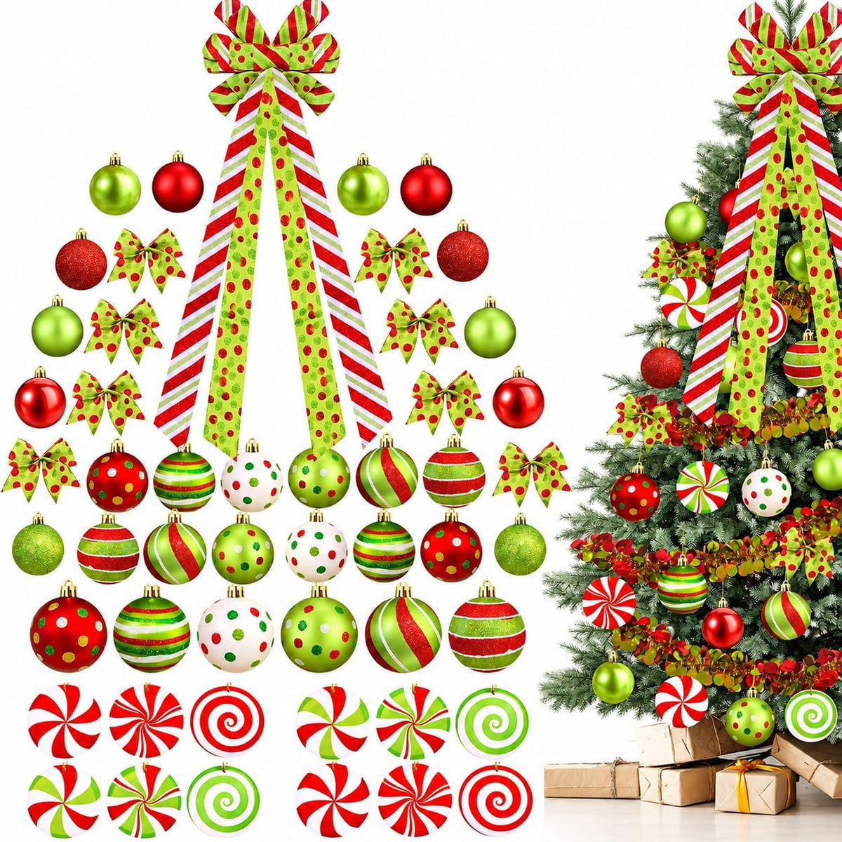 Christmas Tree Decorations Set,Christmas Ball Ornaments Glittering Plastic Hanging Decorations Elf Balls,Large Tree Topper Wreath Bow,Candy Peppermint Wood Ornaments (Red and Lime Green)