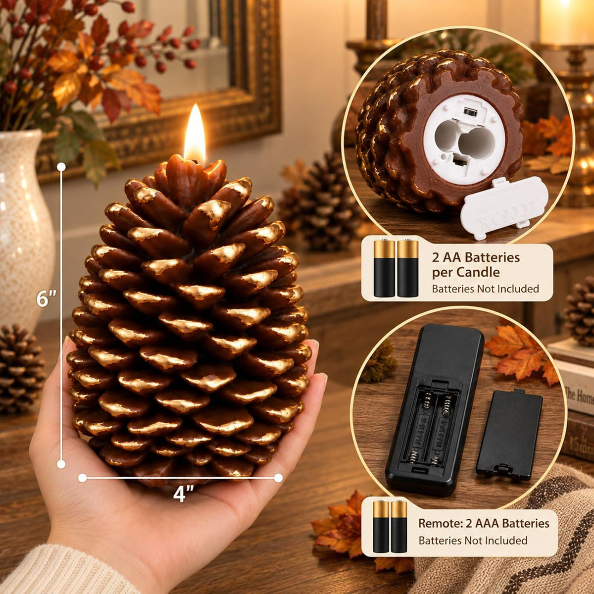 Pinecone Flameless Candles with Remote, Fall Thanksgiving Christmas Decor