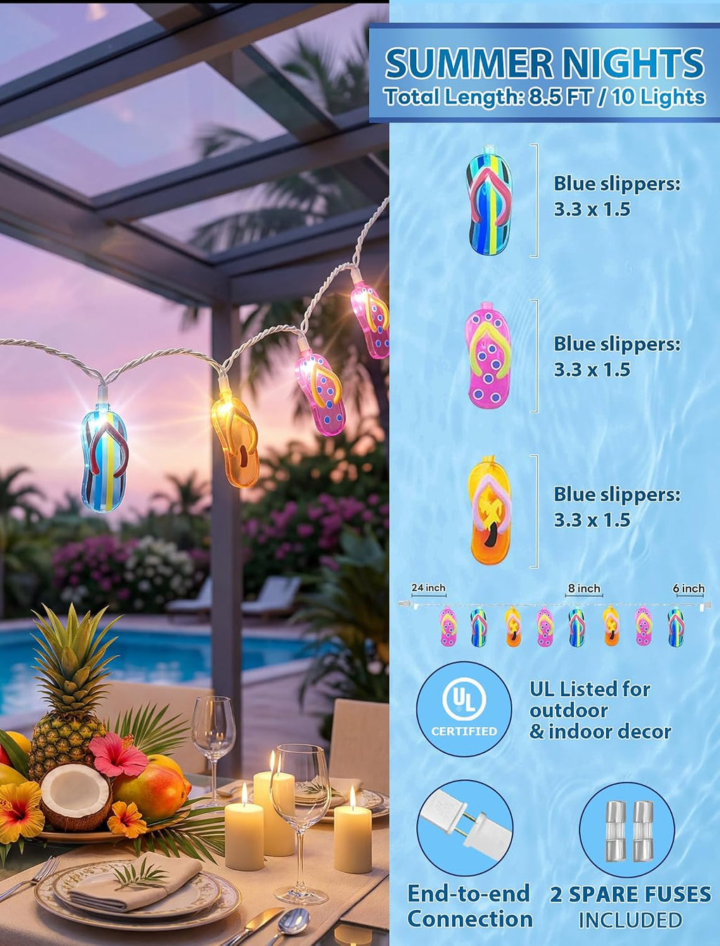 8.5Ft Tricolor Slipper String Lights, Outdoor Tropical Beach Themed Flip-Flop Light with 10 Plastic Bulbs, Summer Waterproof Hanging Slipper Lights for Outside Patio Garden Tent Party Decor, White