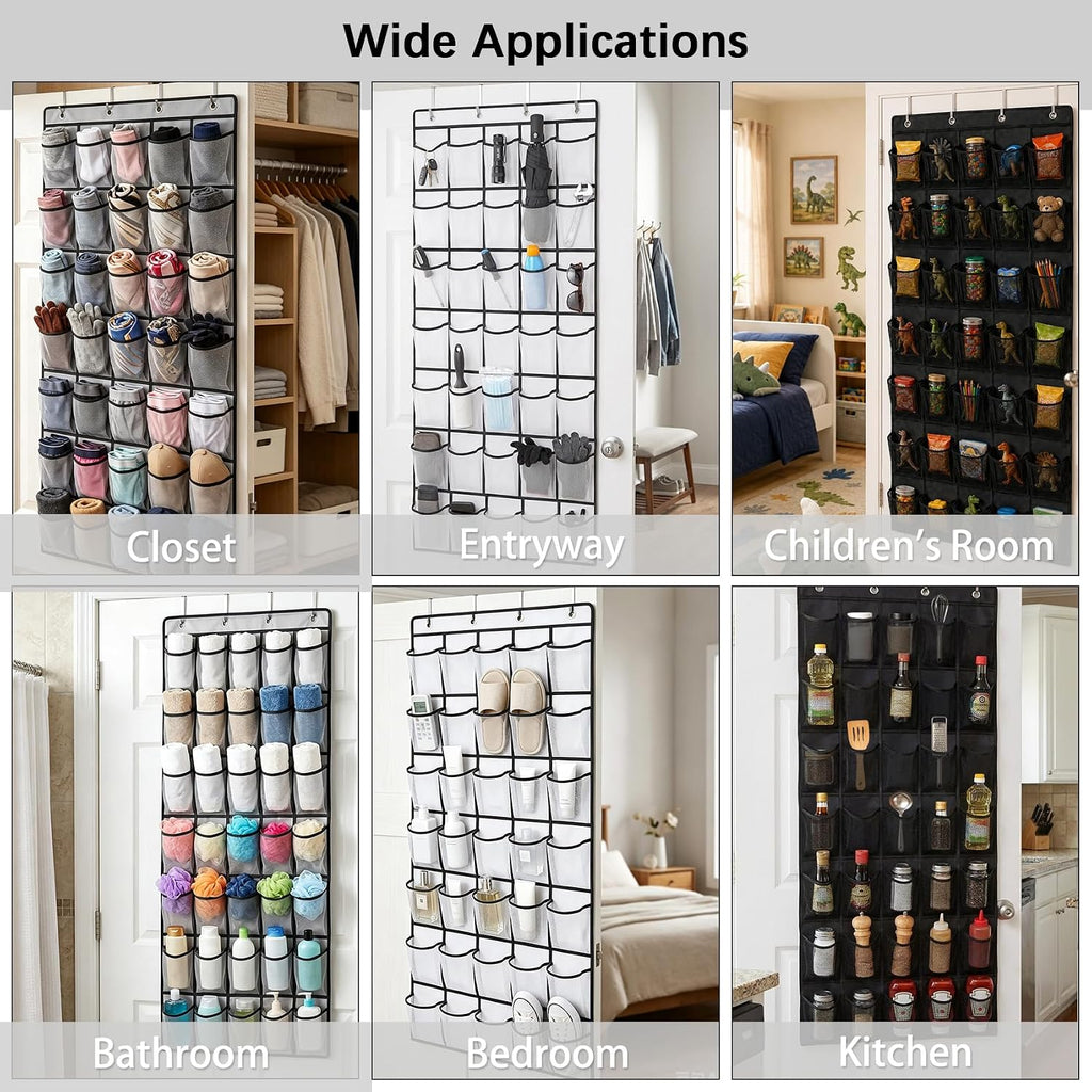35 Pockets Over The Door Shoe Organizer, Large Breathable Mesh Hanging Shoe Rack with 4 Metal Hooks, Space Saving Gray Over Door Shoe Storage Holder Mesh Bag for Closet Entryway Bedroom Pantry
