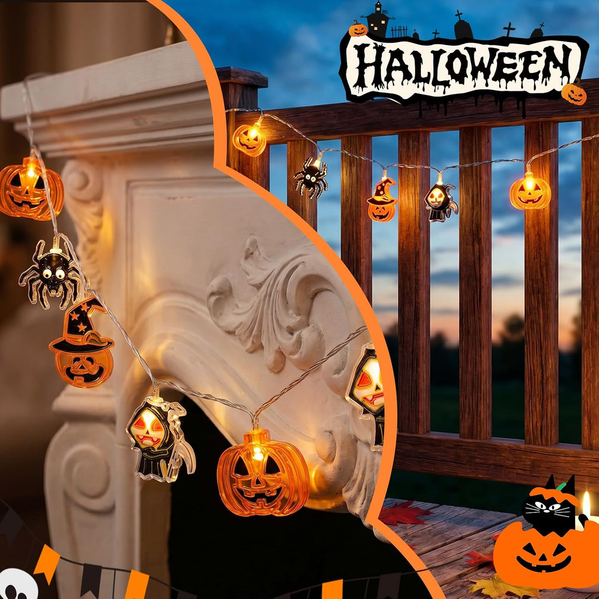 Halloween String Lights Indoor: 16.4 FT 30 LED Battery Operated Pumpkin Skeleton Spiders Lighted Decorations – 8 Modes Waterproof Timer for Window Porch House Room Bedroom Party Decor