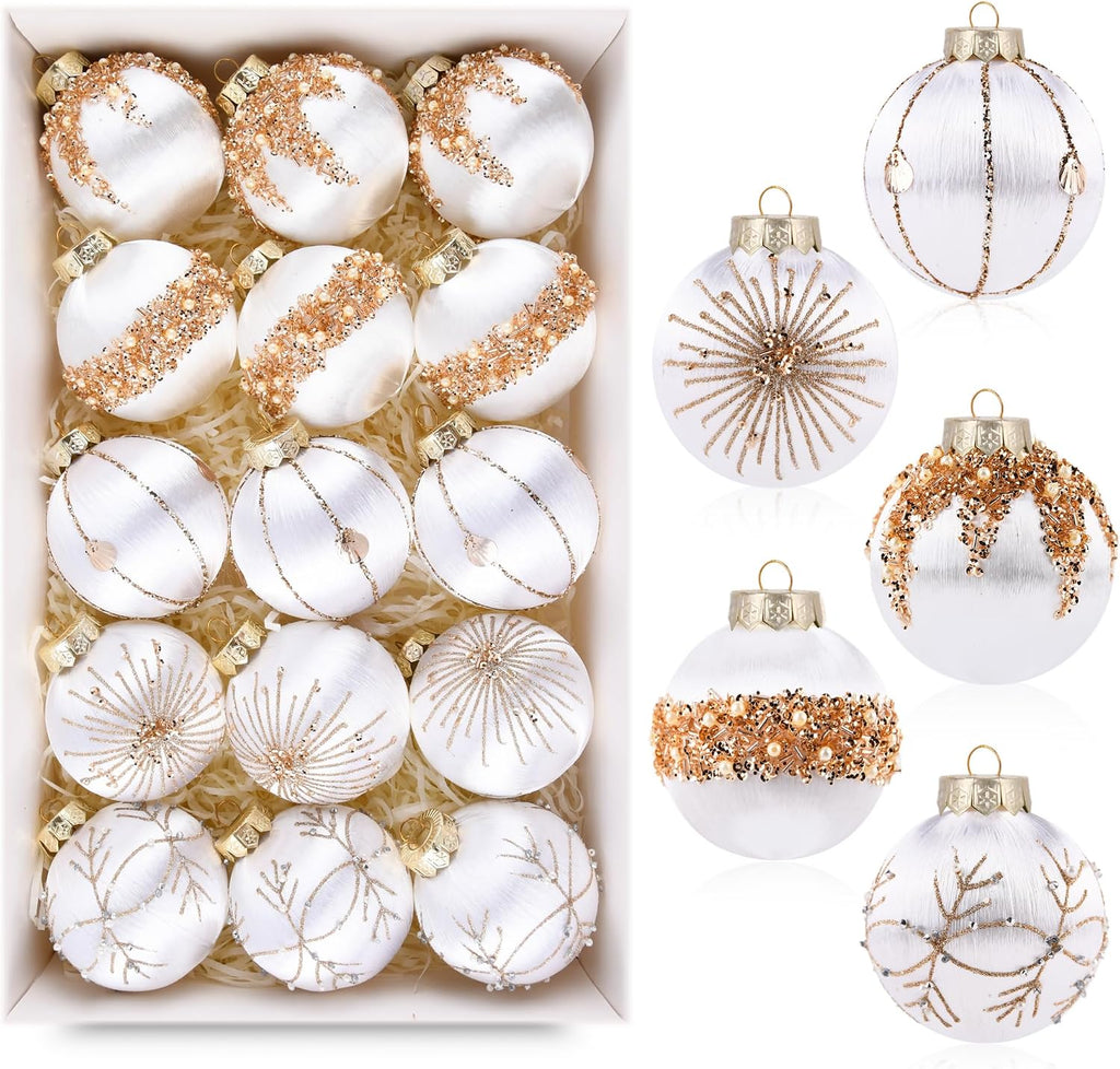 White Gold Christmas Tree Ornaments - Satin Christmas Ball Ornaments Luxury for Xmas Holiday Party Indoor Decorations - 80mm 3.15inch Pack of 15