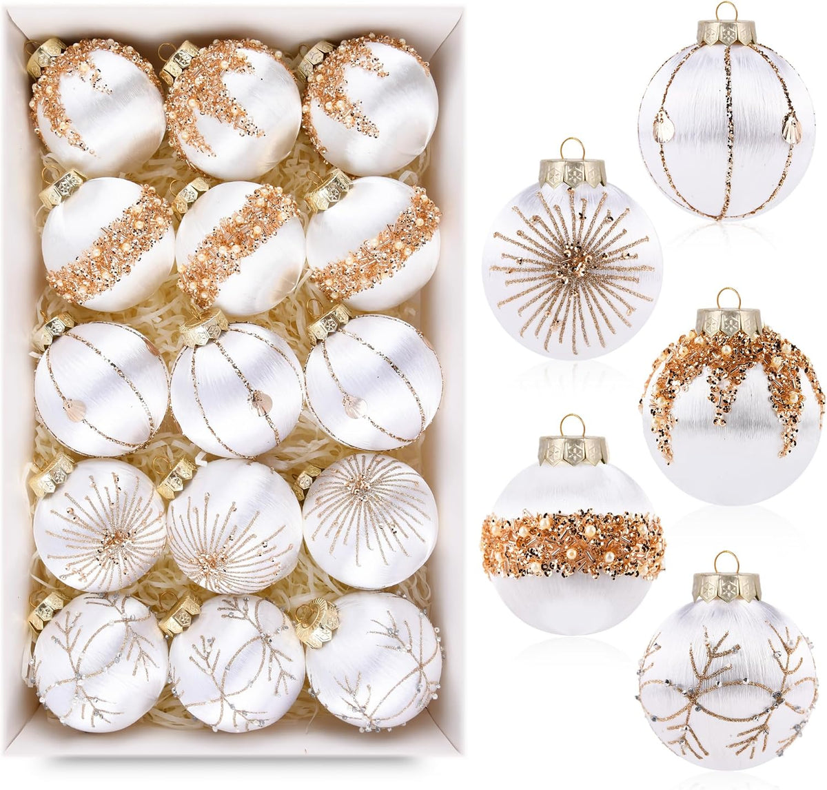 White Gold Christmas Tree Ornaments - Satin Christmas Ball Ornaments Luxury for Xmas Holiday Party Indoor Decorations - 80mm 3.15inch Pack of 15