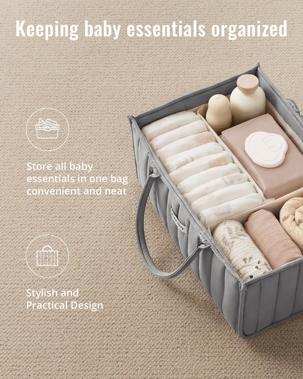 Blissful Diary Baby Diaper Caddy Organizer, Nursery Storage, Light Gray