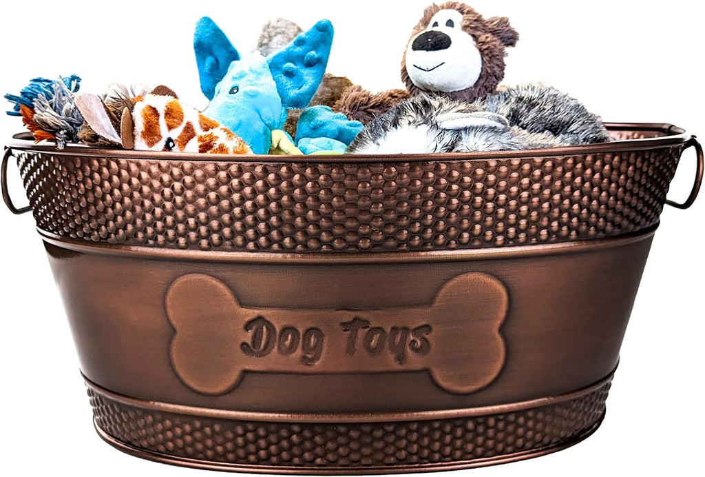 BREKX Copper Metal Pet Storage & Dog Toy Bin w/ Handles, Indestructible