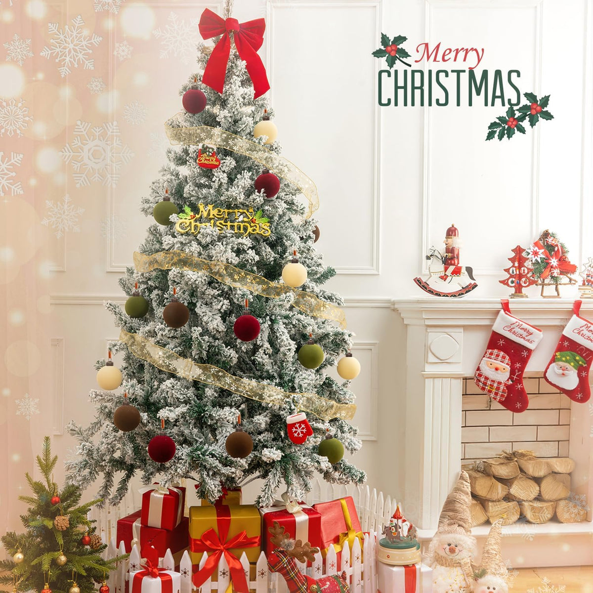 3.15" Velvet Christmas Ball Ornaments Set, 16 pcs Flocked Xmas Tree Decoration, Large Shatterproof Decorative Hanging Balls for Party Holiday Wreath Garland Home Décor (Red Brown Green White)