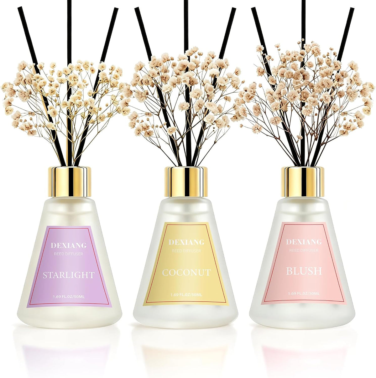 Reed Diffuser Set of 3 Pack, Blush/Starlight/Coconut Oil Diffuser Reed Diffusers for for Home, Bathroom, Office Decor, 1.7 Fl.oz, Total 5.1Oz