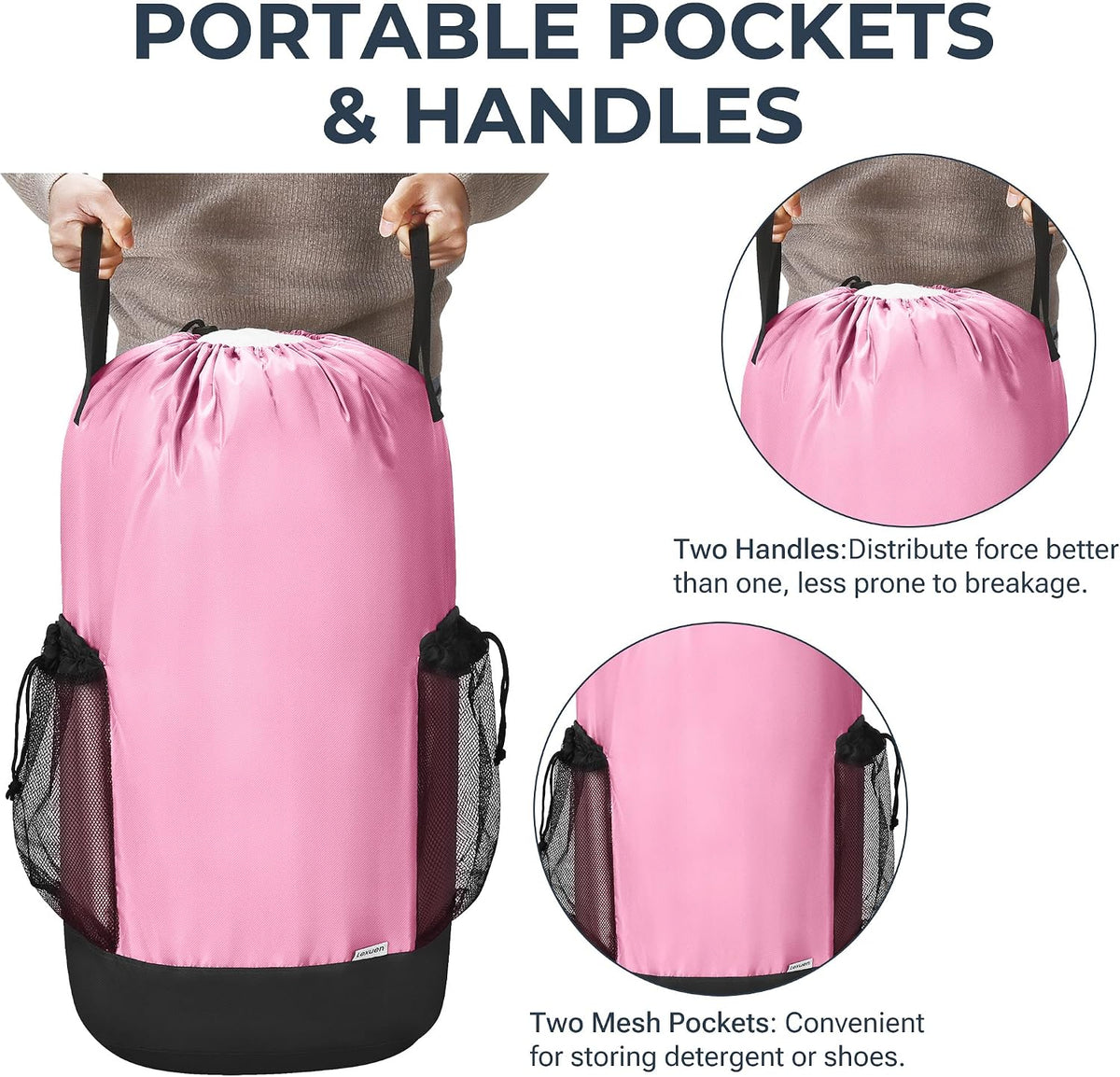 Heavy Duty Backpack Laundry Bag with Shoulder Straps & 2 Mesh Pockets, Pink