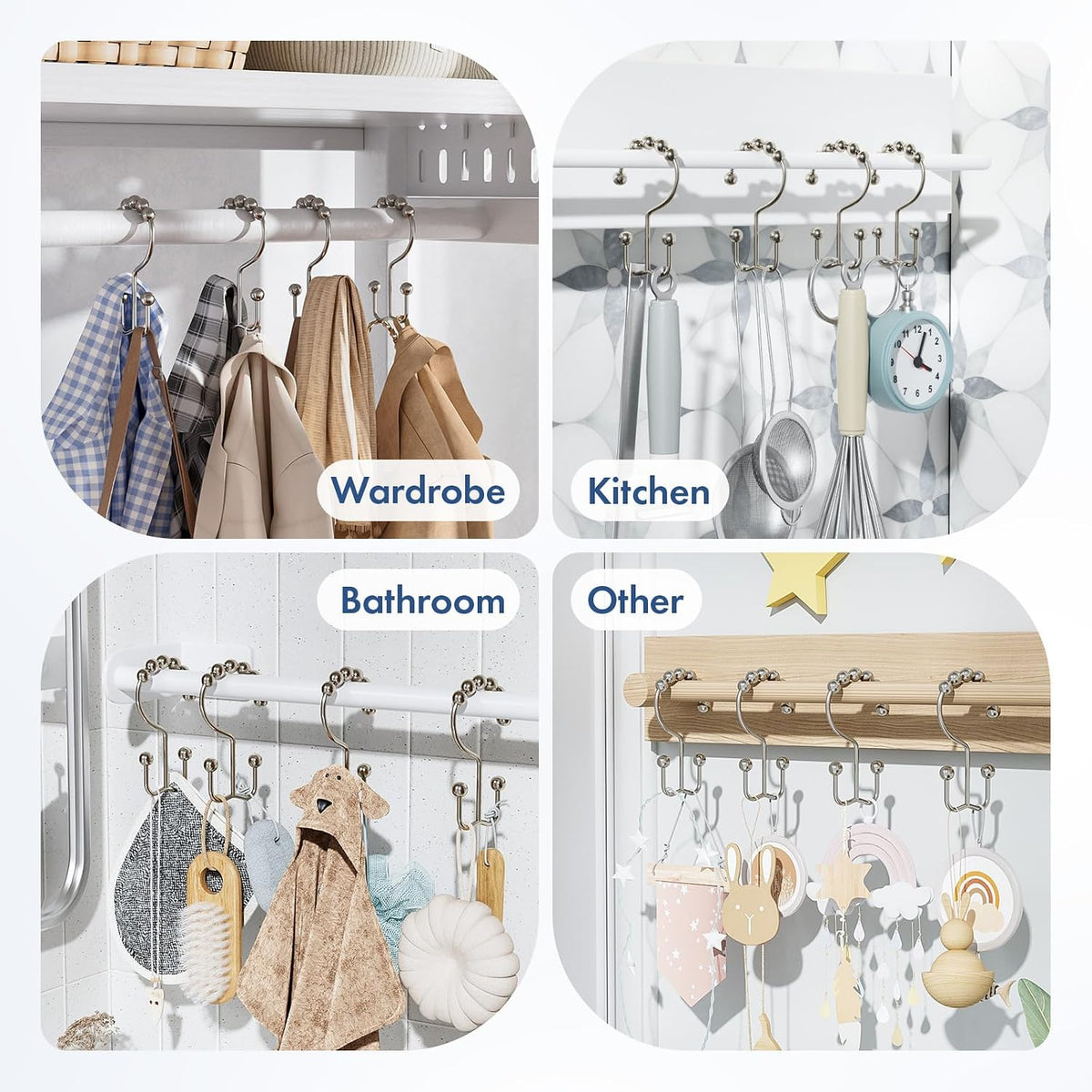 Bathway Shower Curtain Hooks Nickel Shower Curtain Rings, 12 Pcs Double Hook Shower Curtain Hooks Rings Shower Curtain Hangers Rust Proof, Metal Shower Hooks for Bathroom Shower Curtain Rod