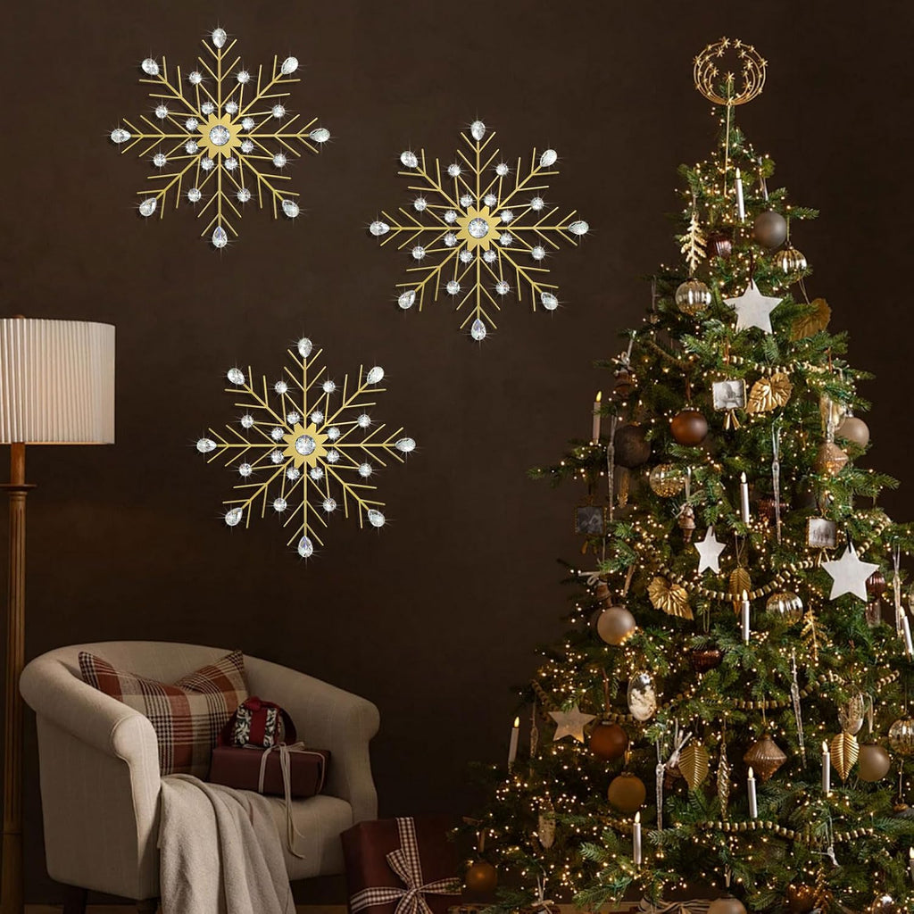 ZEXUIRU 3 Set Snowflake Wall Decor Living Room Bedroom Entryway Metal Bling, Crystal Rhinestone Starburst Sunburst Sparkling Wall Art Decor Silver Metal Christmas Decoration-Gold 13in