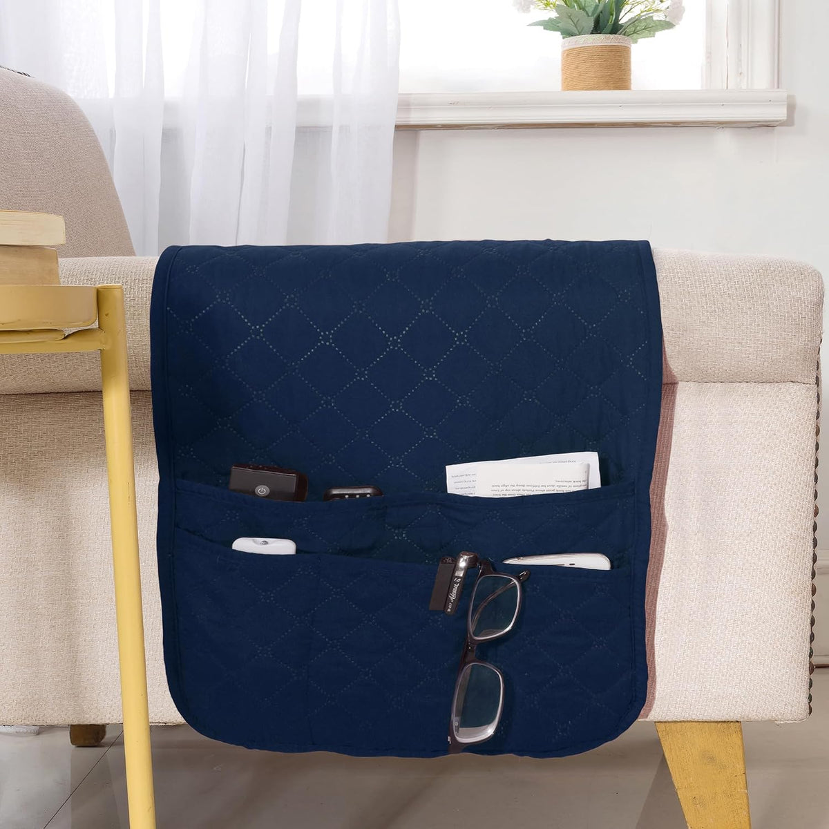 Armchair Caddy for Couch Remote Control Holder with 4 Pockets, Navy 1 Pack