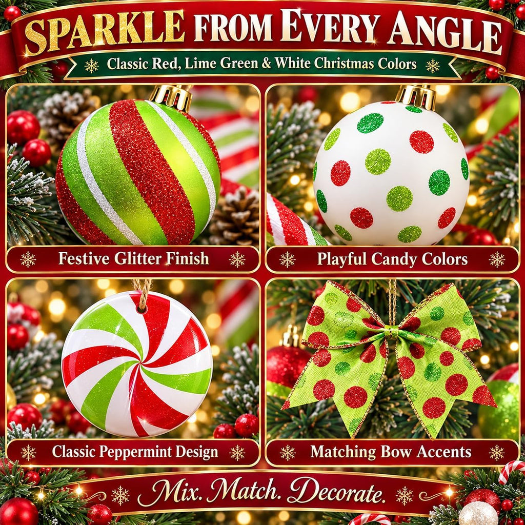 Christmas Tree Decorations Set,Christmas Ball Ornaments Glittering Plastic Hanging Decorations Elf Balls,Large Tree Topper Wreath Bow,Candy Peppermint Wood Ornaments (Red and Lime Green)