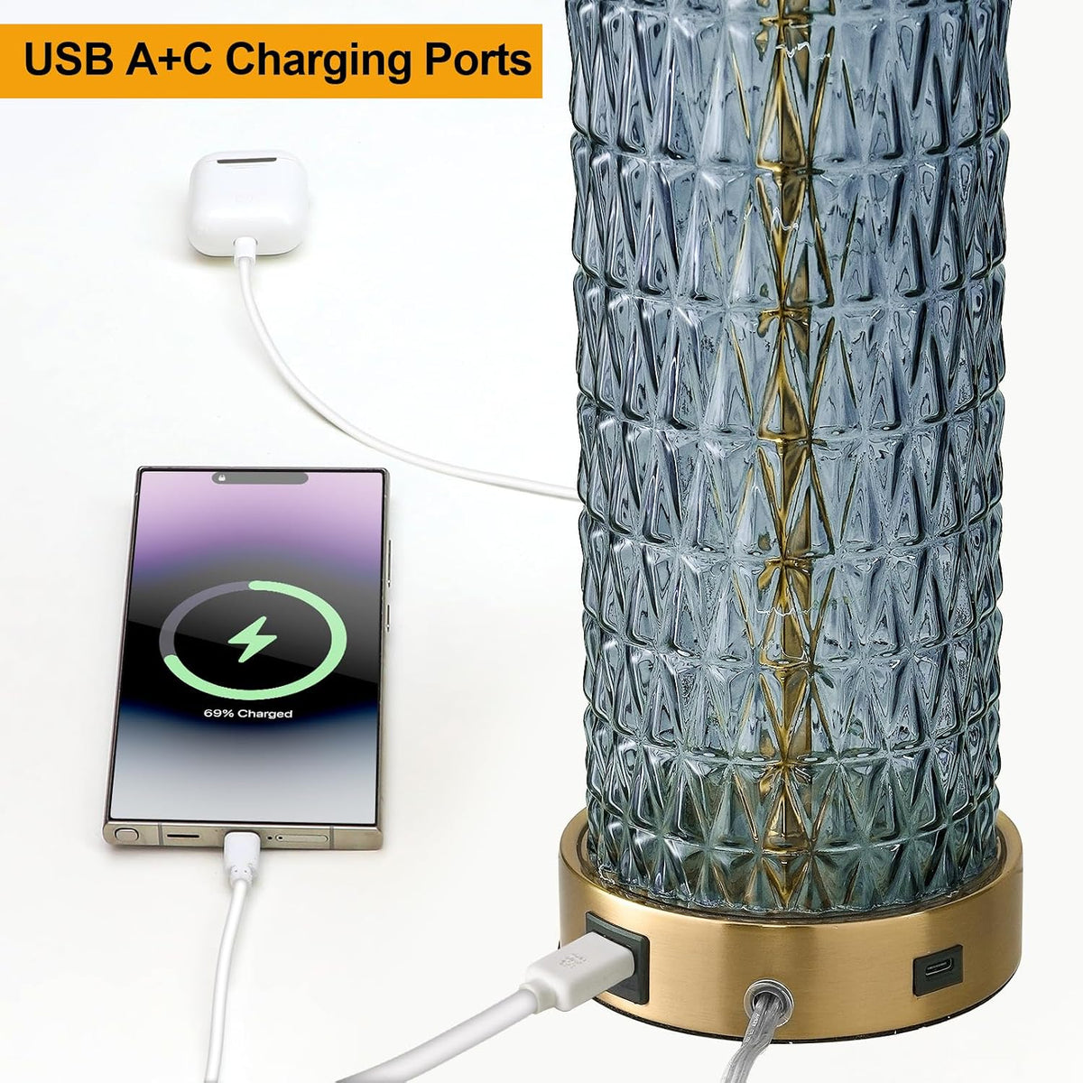 Oneach 27.75" Blue Table Lamps Set of 2 with LED Nightlight for Bedside