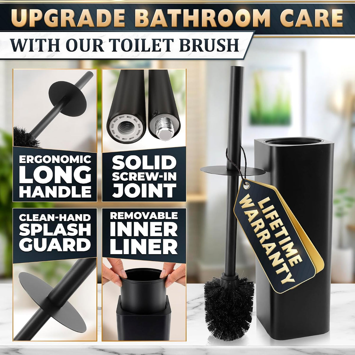 Black Toilet Brush and Holder Set, Stainless Steel Material (Black)