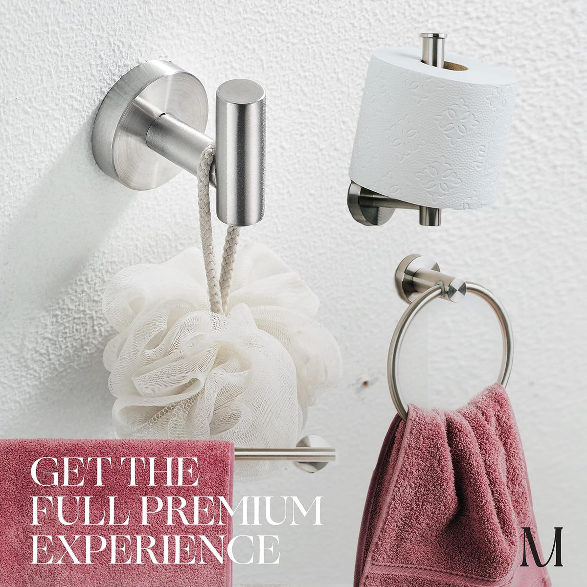 Marmolux ACC Bathroom Hardware Set - 4 Pieces Wall Mount Accessories - Towel Hooks, Hand Towel Holder, Towel Ring, Toilet Paper Holder - Made of SUS 304 Stainless Steel with Brushed Finish