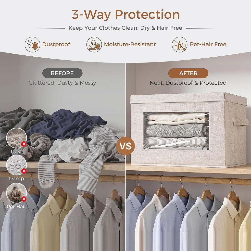 3-Pack Storage Bins with Lids & Clear Window, Foldable Fabric Closet Organizer Boxes, Stackable Cube Baskets with Soft Handles for Clothes & Blankets, 15", Beige
