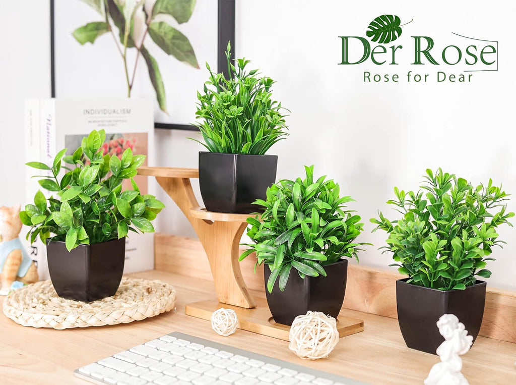 Der Rose 6 Pack Mini Fake Plants in Black Pots, 7" Bathroom & Desk Decor