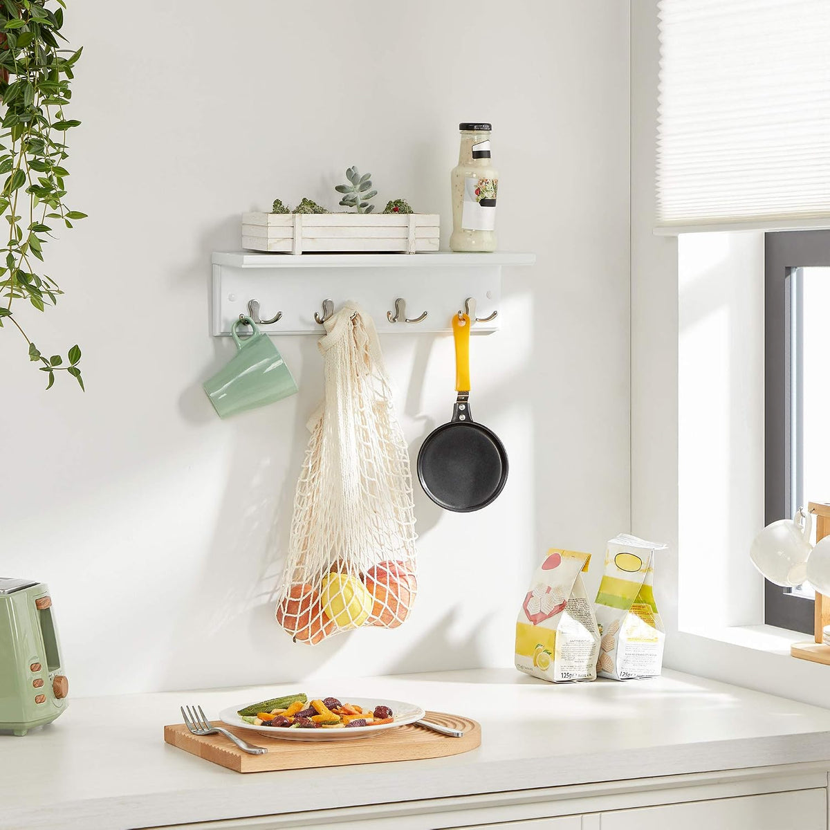 SONGMICS Wall-Mounted Coat Rack with Shelf, 4 Dual Metal Hooks