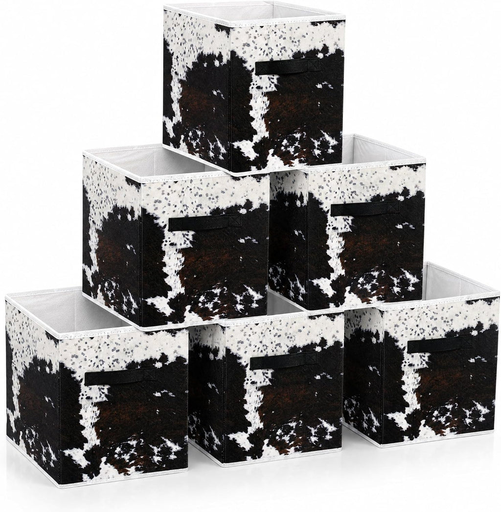 BBSET 6 Pcs western Cow Cube Storage Bins 12.5 inch with Handle