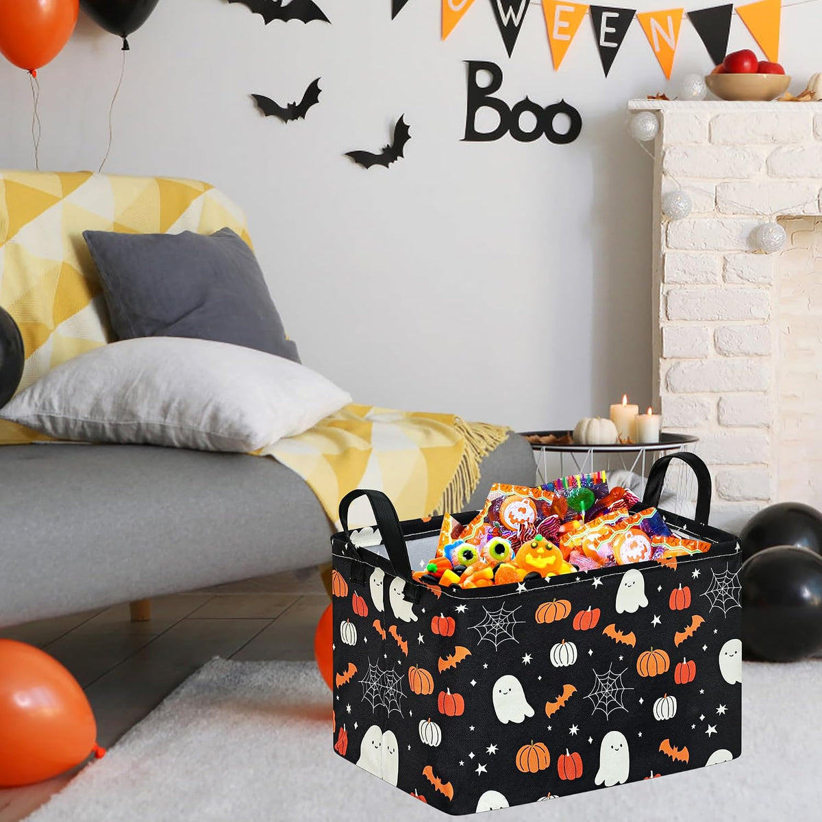 Halloween Storage Basket, Black Ghost Pumpkin Cotton Linen Blend Organizer Bin with Handles, Foldable Rectangular Shelf Basket for Toys, Clothes, Laundry, Bedroom, Gift Basket, Party Decor