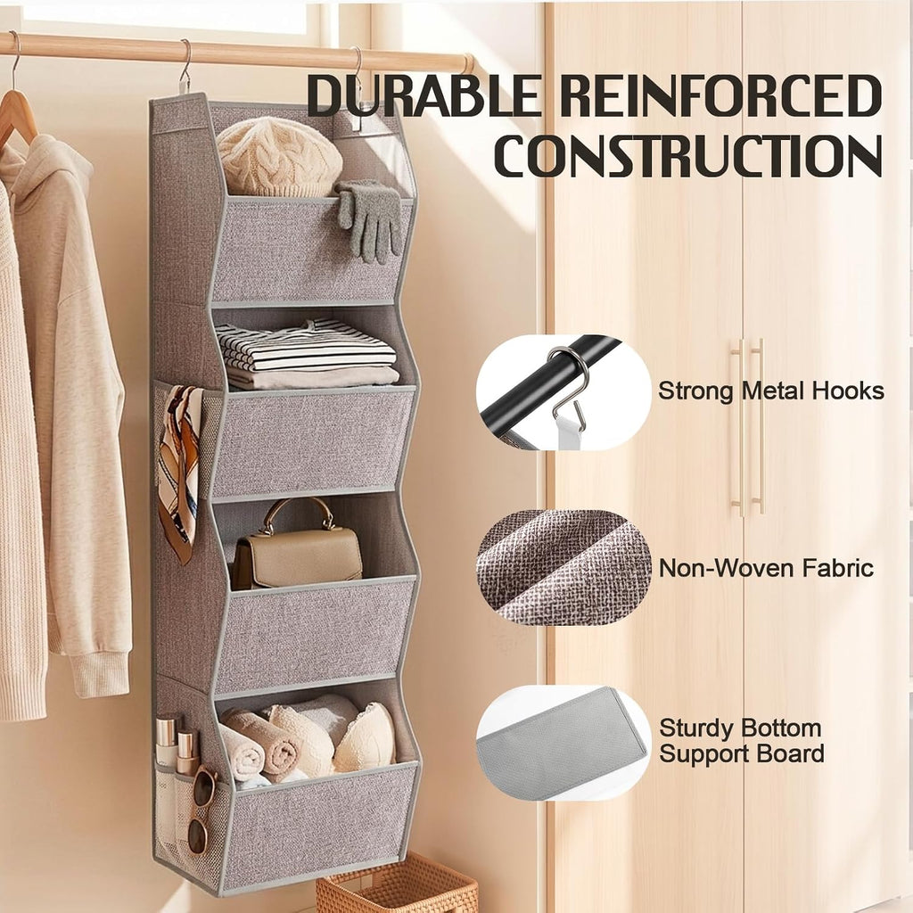 4-Shelf Hanging Closet Organizer, Wide Trapezoid Hanging Shelves with Side Mesh Pockets, Space-Saving Closet Storage Collapsible Fabric Storage Bins for Wardrobe, Heather Grey