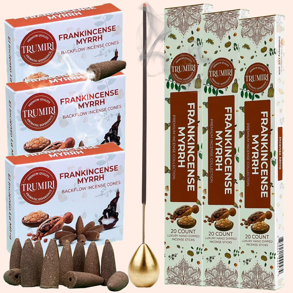 TRUMIRI Frankincense Myrrh Scented Incense Sticks & Backflow Incense Cones for Waterfall Combo Pack - 60 Insence-Sticks + 30 Backflow Cones - Insents - Incense Waterfall Cones - Inscense