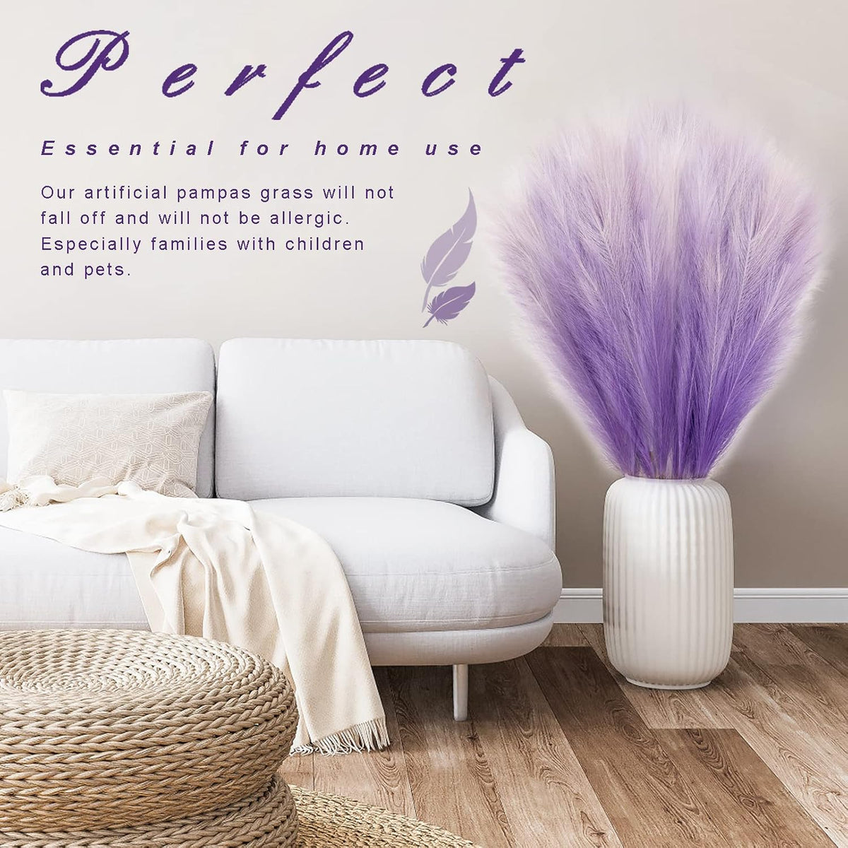 KALYLOC 8Pcs 3FT Purple Faux Pampas Grass Artificial Bulrush for Boho Decor