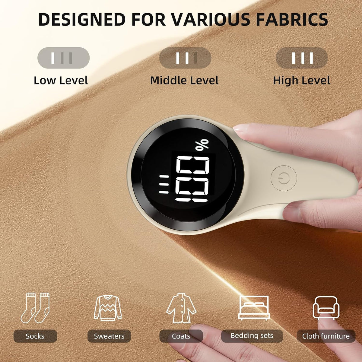 Buywoo Fabric Shaver, Electric Lint Remover, Rechargeable Lint Shaver, Household Essentials for Clothes, Upholstery, Furniture, Sweater Defuzzer to Remove Pilling, Battery Operated, Beige