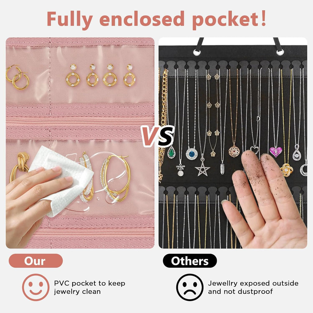 SMRITI Hanging Jewelry Organizer with Zippered Pockets, Double-Sided Accessories Organizer Holder for Earring Necklace Bracelet Ring on Closet Wall Door,Dustproof Foldable for Travel (Pink 1 Pack)