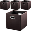 PRANDOM Leather Foldable Cube Storage Bins 13x13 inch [4-Pack] Fabric Storage Baskets Cubes Drawer with Cotton Handles Organizer for Shelves Nursery Closet Bedroom Clothes Brown