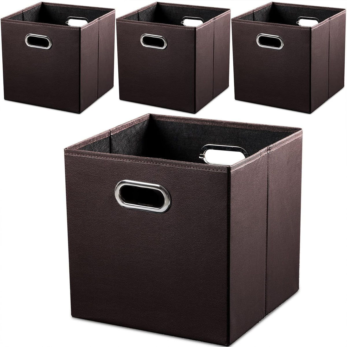 PRANDOM Leather Foldable Cube Storage Bins 13x13 inch [4-Pack] Fabric Storage Baskets Cubes Drawer with Cotton Handles Organizer for Shelves Nursery Closet Bedroom Clothes Brown