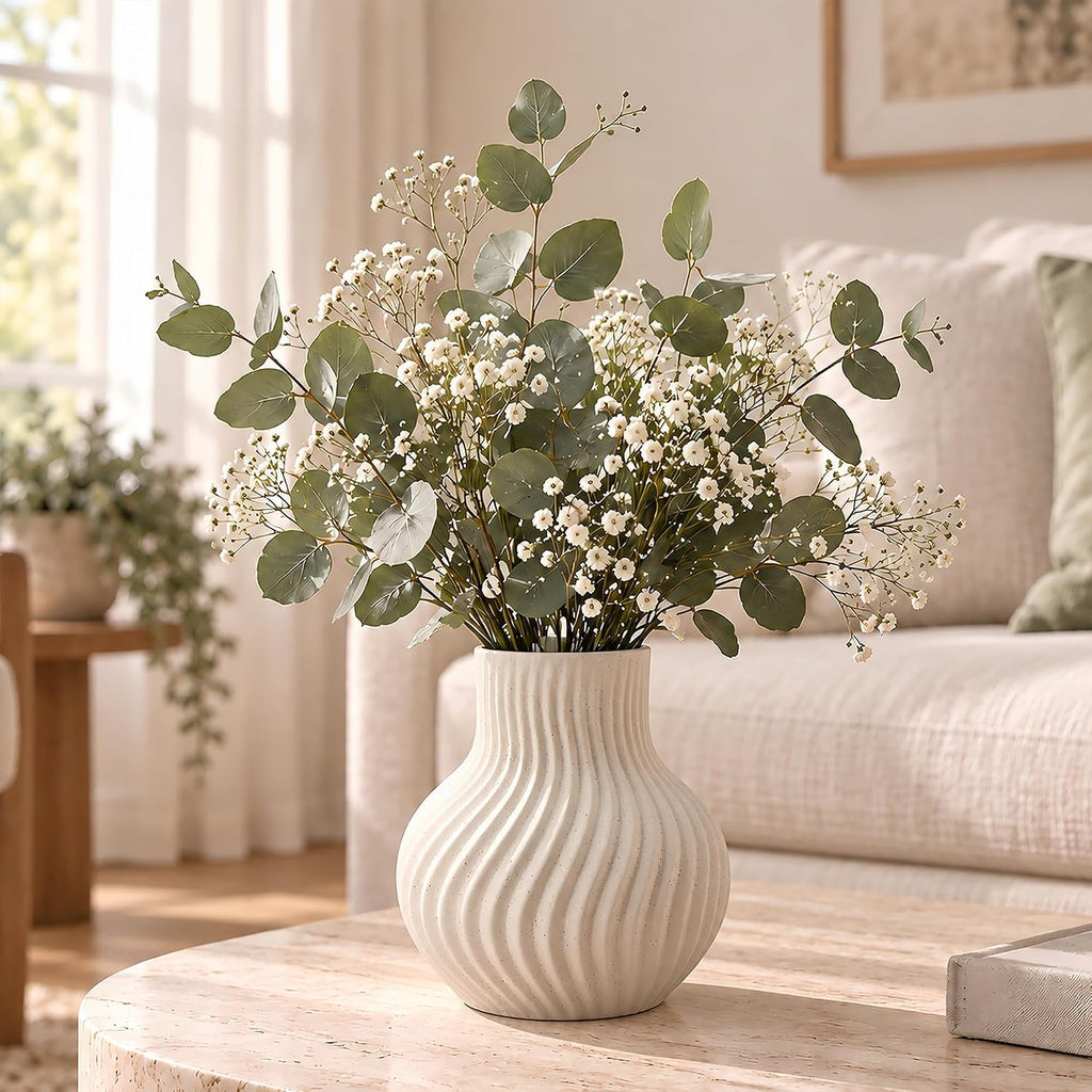 White Ceramic Flower Vase, Modern Ribbed Flower Vase for Pampas Grass