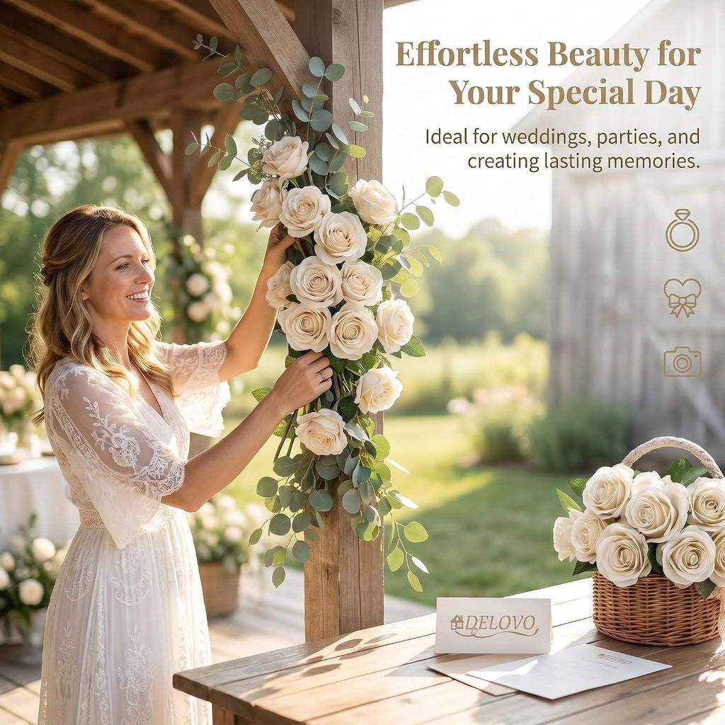 52pcs Beige Roses Artificial Flowers Fake Flowers Silk Roses with Stems for DIY Wedding Bouquets Bridal Shower Centerpieces Arrangements Party Decorations