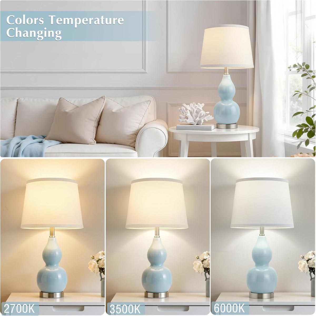 GyroVu 22" Table Lamp Set of 2, Color Temperature Adjustable Double Gourd Ceramic Lamps Classic Nightstand Table Lamps for Bedroom Beside Lamps for Living Room, Sky Blue-Bulbs Included