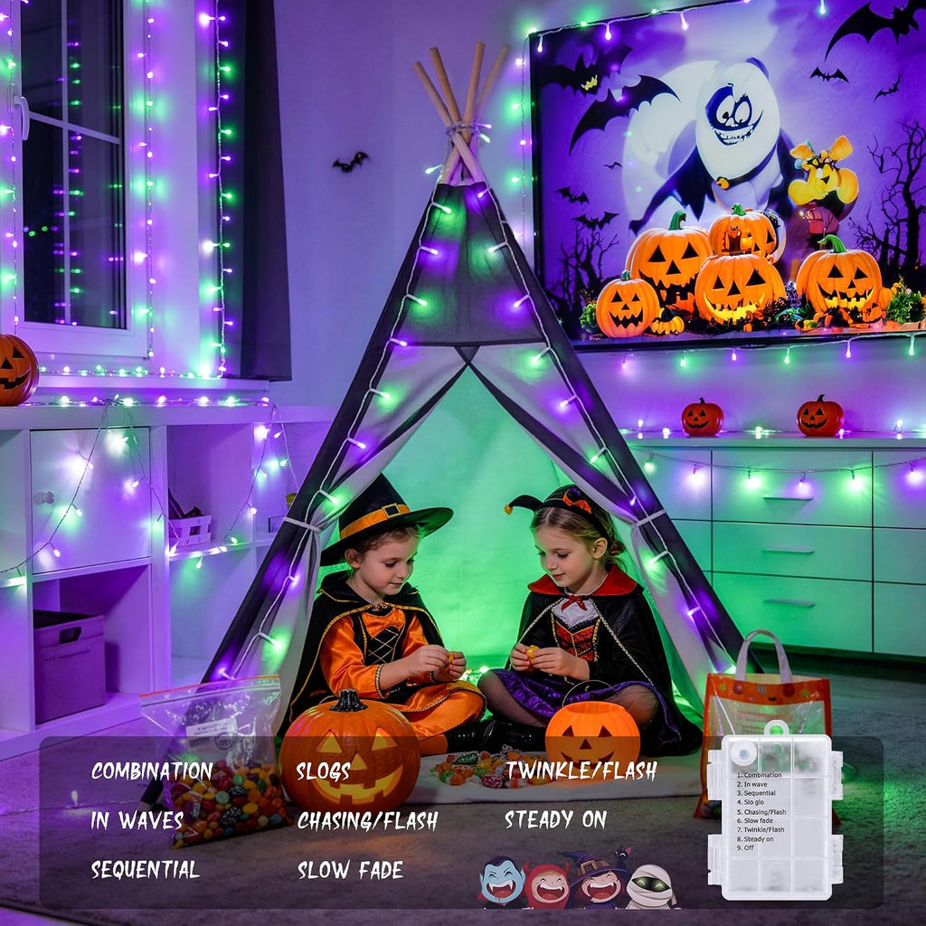 JMEXSUSS 2 Pack 66FT 200 LED Battery Operated Halloween Lights with Remote