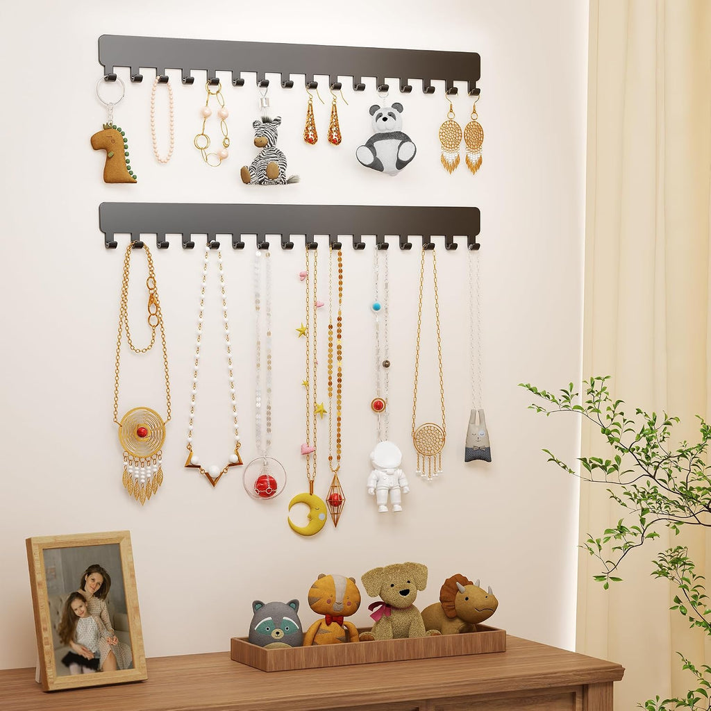 bussdis Extended Self-Adhesive Necklace Holder, Wall Mounted Jewelry Organizer for Necklaces, Earrings, Rings & Bracelets, No Drilling, Space-Saving, 2 Pack, Black