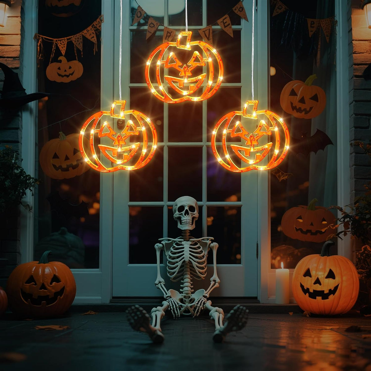 woohaha Pumpkin Halloween Window Lights,48LED Orange