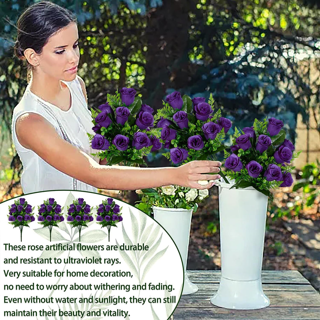 Artificial Rose Flowers Bouquet Realistic Silk Rose Fake Flowers for Wedding Home Centerpieces Party Cemetery Grave Decoration (4 Bouquets, Purple)