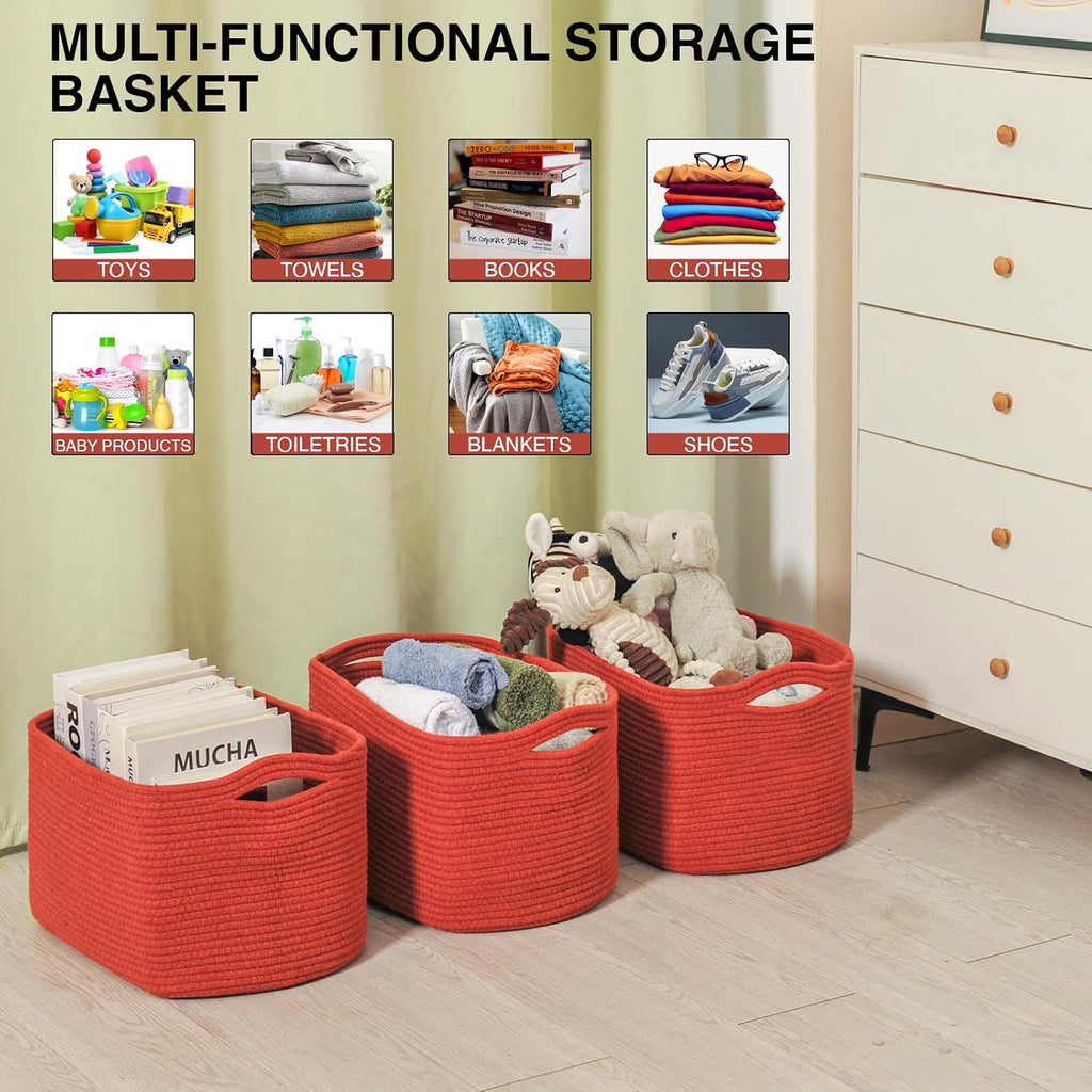 ICERZCZ Storage Baskets for Organizing, Storage Basket for Shelves, Toy Towel Basket for Bathroom Nursery, Woven Cotton Rope Baskets for Decor, 15"x11"x9.5", 3 Packs, Brick Red