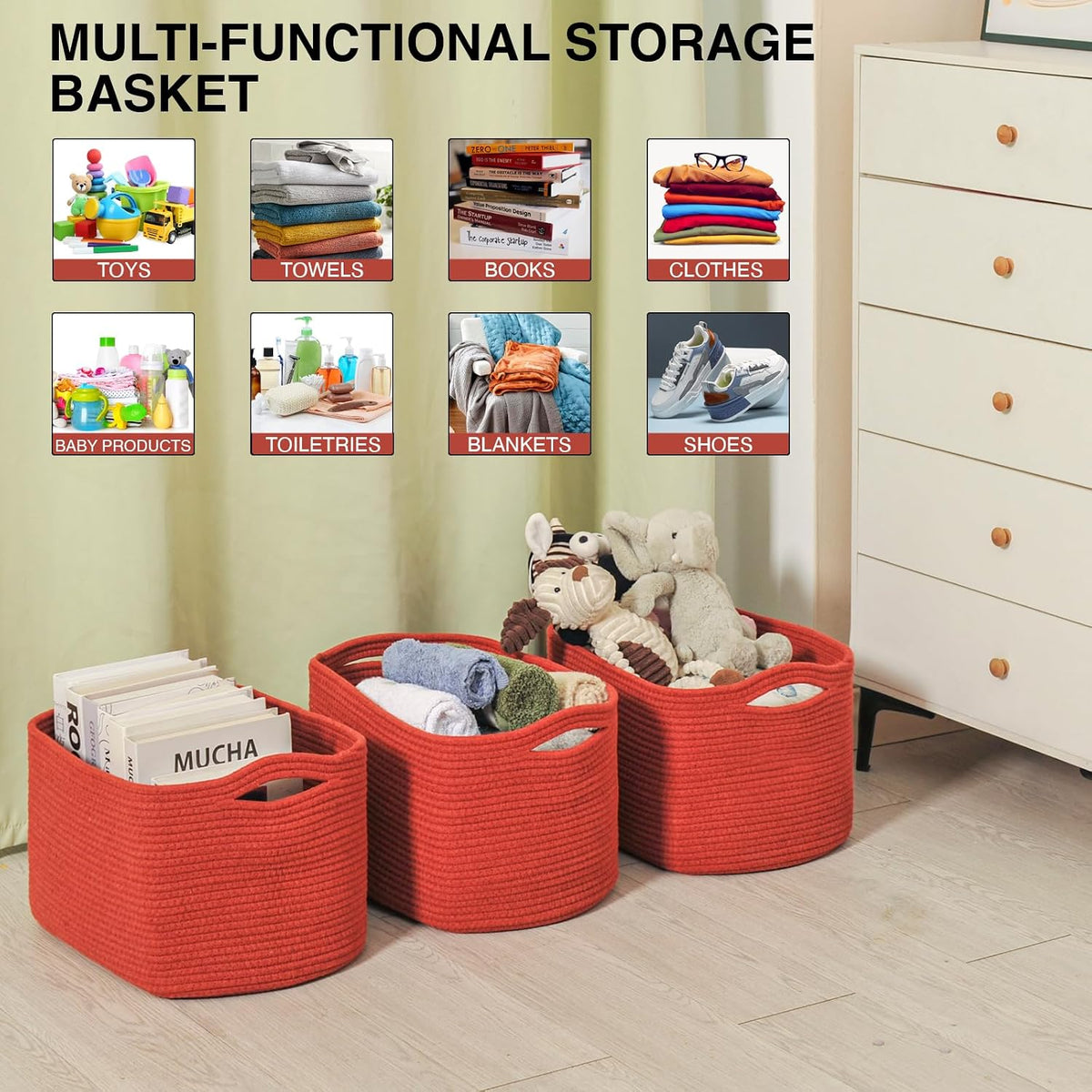 ICERZCZ Storage Baskets for Organizing, Storage Basket for Shelves, Toy Towel Basket for Bathroom Nursery, Woven Cotton Rope Baskets for Decor, 15"x11"x9.5", 3 Packs, Brick Red