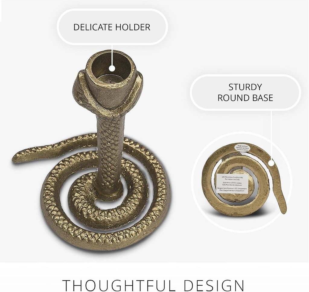 Luminara - Taper Candle Holder Compatible with Luminara Flickering Moving Flame Battery Operated Taper Candles Décor & Gift - Wrought Iron Antique Design Snake, Vintage Brass, (4.75” x 6.25”)
