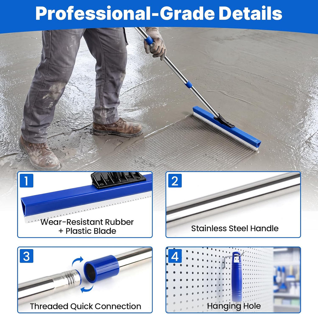 16" Notched Epoxy Floor Squeegee with 62" Long Handle for Coatings, Sealers