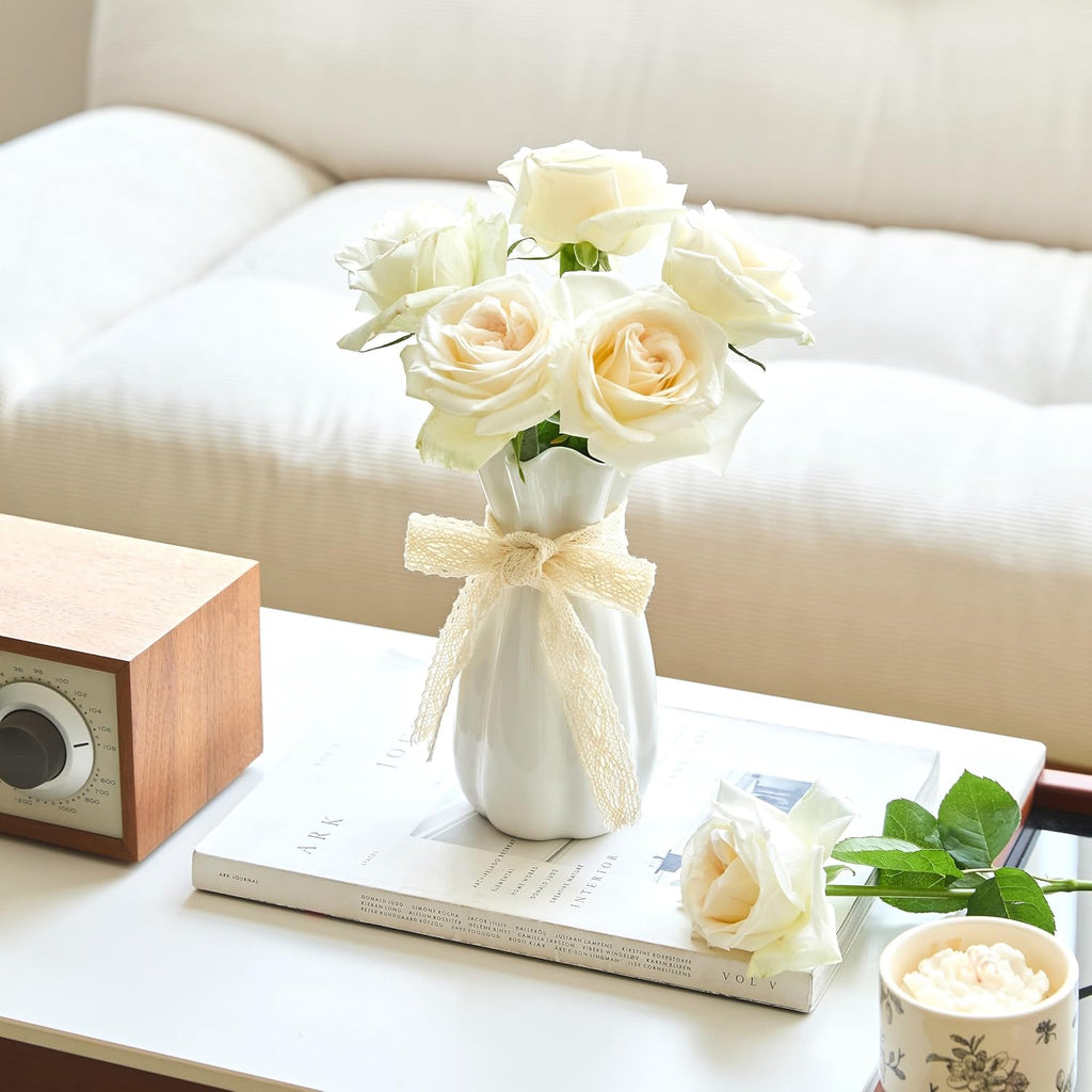 White Ceramic Flower Vase, 8 in Modern Decorative Vases for Home Decor