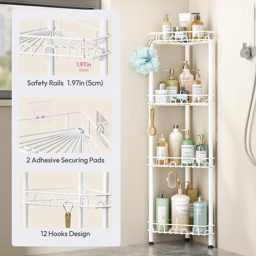 SWTYMIKI Standing Shower Caddy Corner - 4‑Tier Stainless Steel Shower Organizer Shelf with 16 Hooks and Adhesive Pads, Rustproof Corner Shelves Stand Rack for Bathroom Shower Room, white
