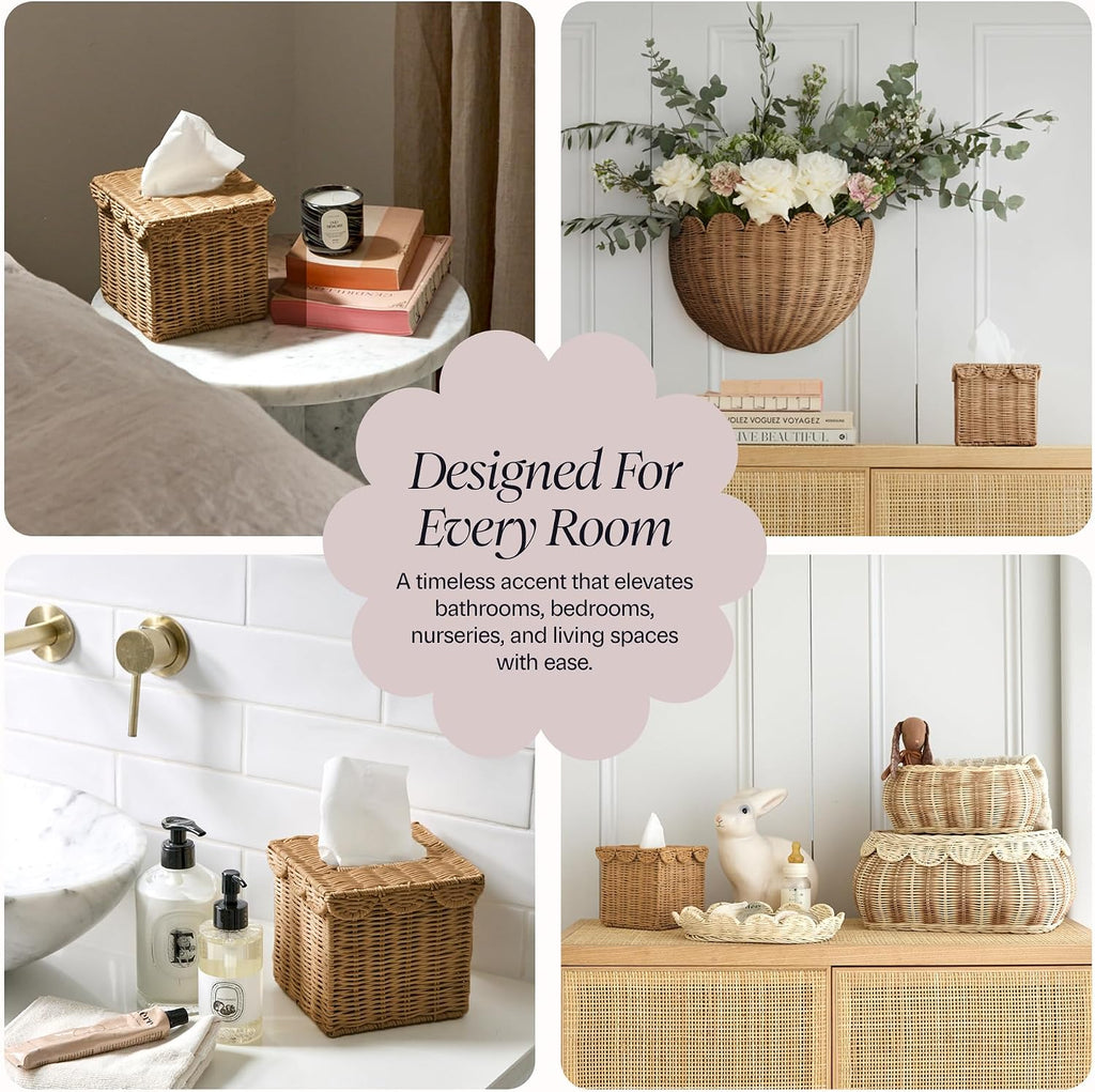 BEBE BASK Handwoven Scalloped Square Tissue Box Cover (4.5 × 4.5 × 5.3 in)